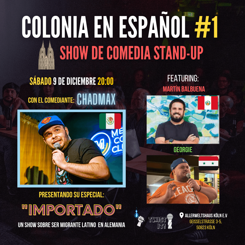 Poster de Colonia en Español primer show de comedia stand-up en español en Colonia Alemania