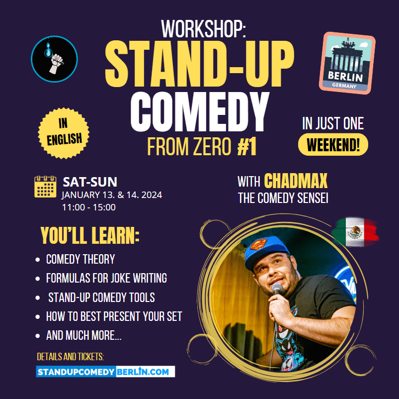poster for English stand-up comedy workshop in English 2024
