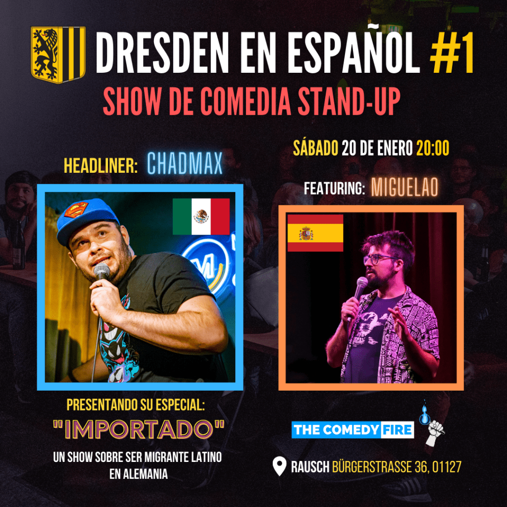 Poster Dresden en Español show de comedia stand-up
