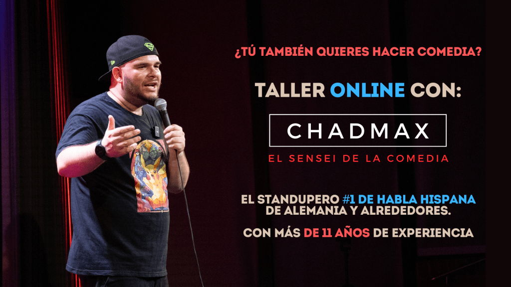 Banner promocional para el taller de comedia stand-up en español de Chadmax versión Online